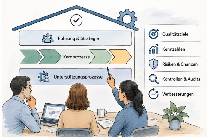 Team entwickelt eine Prozess- und Qualitätsstruktur mit klaren Abläufen, Verantwortlichkeiten, Kontrollen und Verbesserungsmassnahmen.