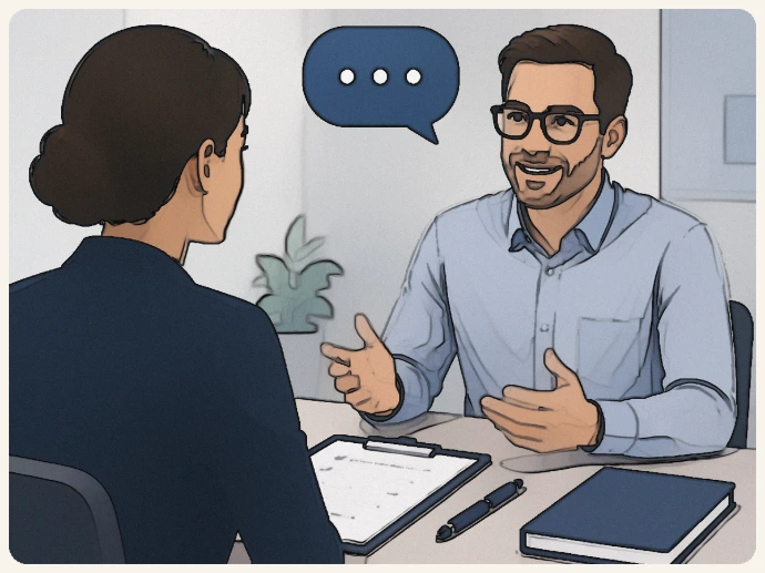 Realistische Simulation eines Vorstellungsgesprächs mit Fragen und direktem Feedback