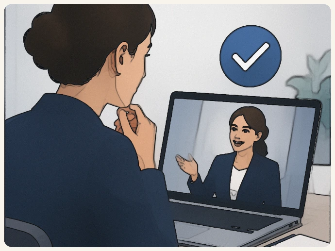 Person prüft ihre Selbstpräsentation und Wirkung in einem digitalen Interviewtraining