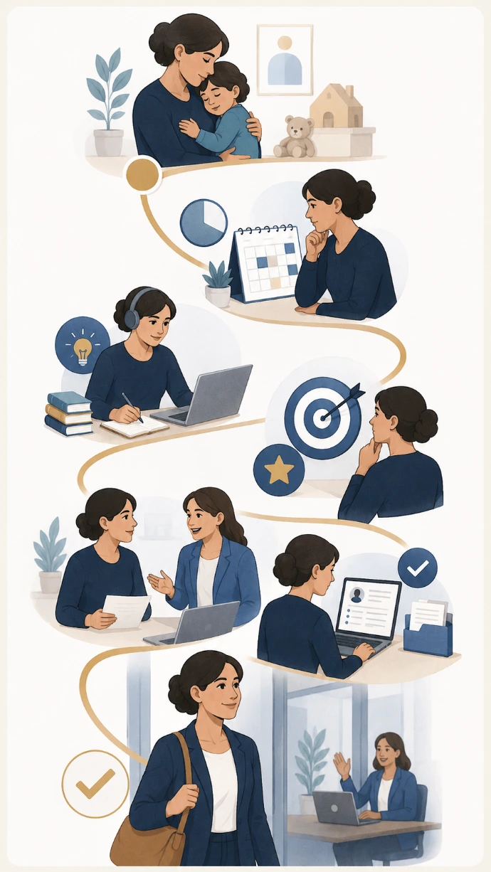Illustration des vollständigen Wiedereinstiegs von der Familienpause über Planung und Weiterbildung bis zur Bewerbung und Rückkehr in den Beruf.