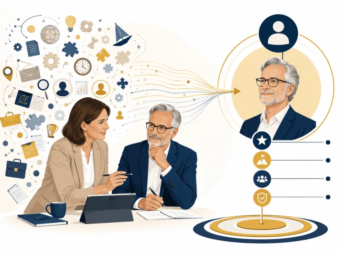 Illustration einer beruflichen Positionierung 50+: Vielfältige Erfahrungen und Kompetenzen werden zu einem klaren Profil für die nächste Zielrolle gebündelt.