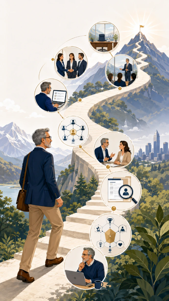 Illustration einer umfassenden beruflichen Neuorientierung 50+ von der Standortbestimmung über Zielrollen und Stellensuche bis zum nächsten Karriereschritt.