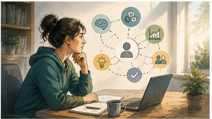 Illustration einer Person, die ihre Arbeitsweise reflektiert, um passende Aufgaben, Strukturen, Arbeitsbedingungen und berufliche Zielrichtungen zu erkennen.