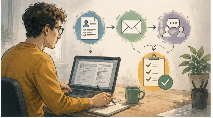 Illustration einer Person bei der Vorbereitung von Bewerbung und Vorstellungsgespräch mit Fokus auf klare Kommunikation, passende Formulierungen und strukturiertes Vorgehen.