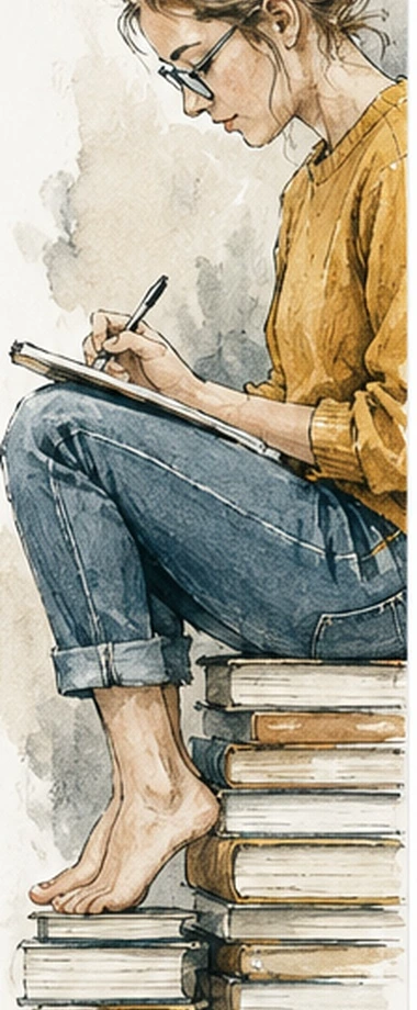Handgezeichnete Illustration einer lernenden Person auf einem Bücherstapel als Symbol für gezieltes Training einzelner Prüfungspositionen.
