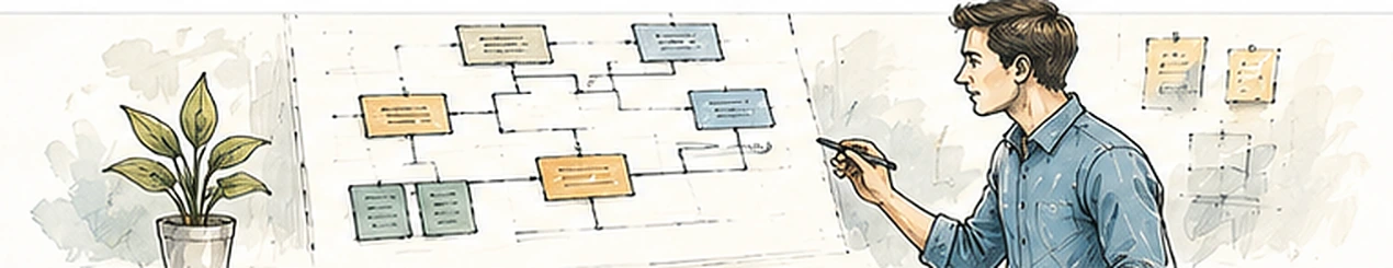 Handgezeichnete Darstellung von Prozessanalyse und Organisationsmethoden zur Prüfungsvorbereitung Spezialist oder Spezialistin Unternehmensorganisation.