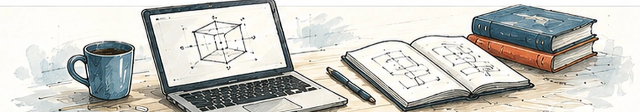 Handgezeichnete Lernszene mit technischen Unterlagen, Laptop und Fachbüchern zur Prüfungsvorbereitung Technische Kaufleute eidg. FA.