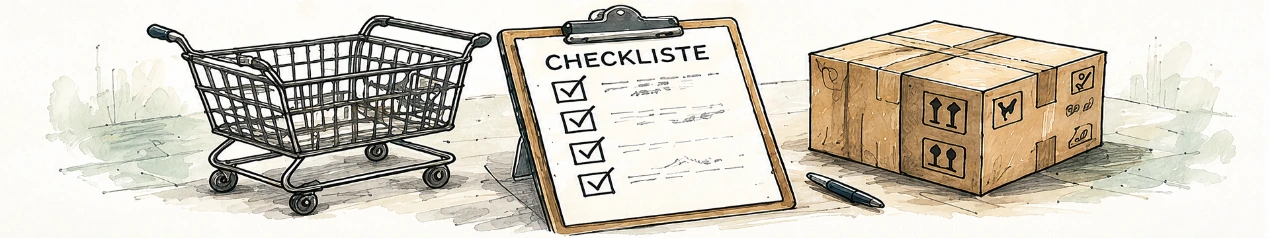 Handgezeichnete Illustration mit Einkaufswagen, Checkliste und Versandkarton als Symbol für die Prüfungsvorbereitung Einkaufsfachleute eidg. FA.